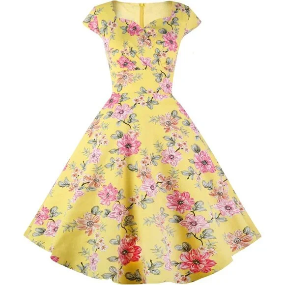 Women Yellow Cap Sleeve 1950s Retro Vintage Cocktail Swing Dresses with Pocket - Picture 1 of 3